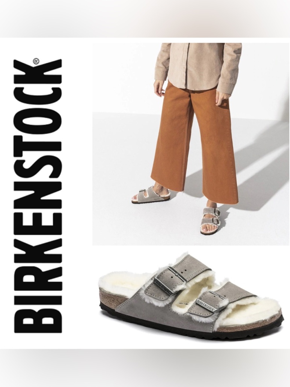 NWT Birkenstock Arizona Shearling Suede Leather Slide in Stone Coin